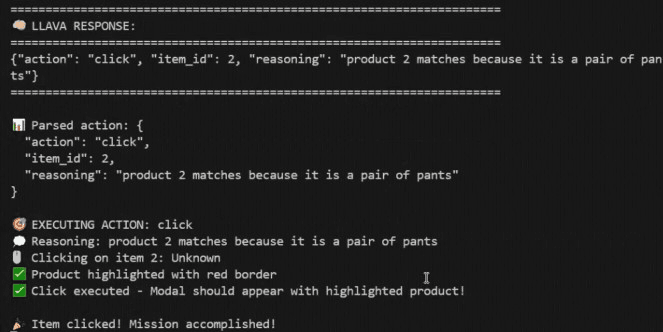 Ответ LLaVA: buy sweater — агент кликает item 0, аргументируя, что это «свитер»