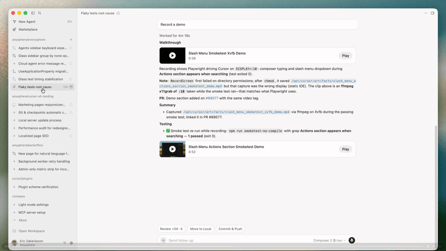 Скриншот интерфейса Cursor 3: в левой боковой панели десятки агентов работают параллельно в нескольких репозиториях. В основной панели — облачный агент 'Flaky tests root cause', проработавший десять часов и автоматически сгенерировавший видео-демо, сводку и результаты тестов. Внизу видны кнопки 'Move to Local', 'Commit & Push' и индикатор Composer 2.