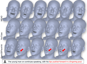 Рисунок 10: Качественная абляция по корпусу для Language2Motion. Модели, обученные на MEAD и YouTube, пропускают поведение «pout», тогда как авторская модель выдаёт чёткое выпячивание губ (красные стрелки).