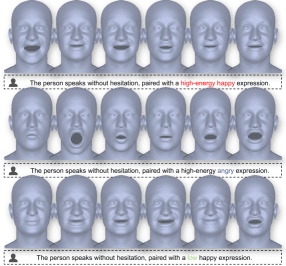 Рисунок 13: Абляция языкового контроля выразительности. Изменение одного ключевого слова в промпте — два «счастливых» промпта дают разный уровень интенсивности, а «злой» — принципиально иную форму рта, демонстрируя мелкозернистый текстовый контроль над эмоциональным стилем.