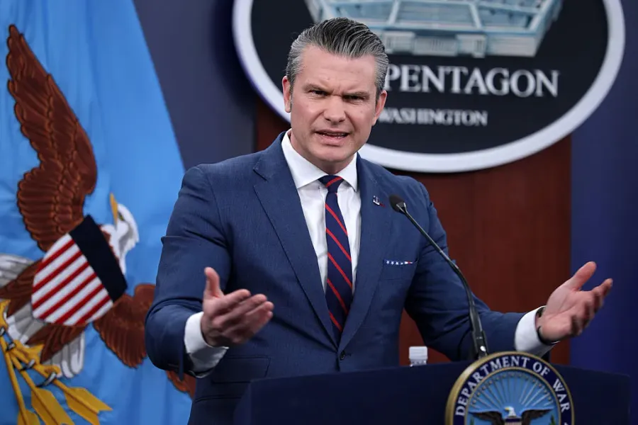 U.S. Secretary of War Pete Hegseth speaks during a news conference at the Pentagon on March 2, 2026 in Arlington, Virginia.