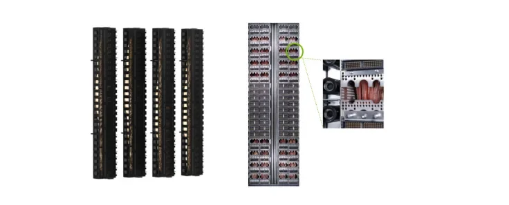 Spine стойки NVIDIA MGX с четырьмя модульными медными картриджами.