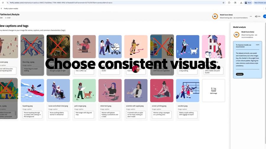Adobe Firefly Custom Models training interface showing image analysis and style consistency recommendations